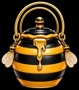 A black-and-gold honey-pot handbag representing Cardi Bee's paid creator account