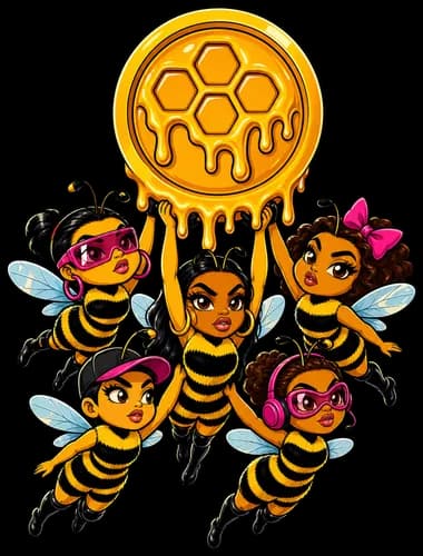 Five worker bees carry one enormous honey coin together