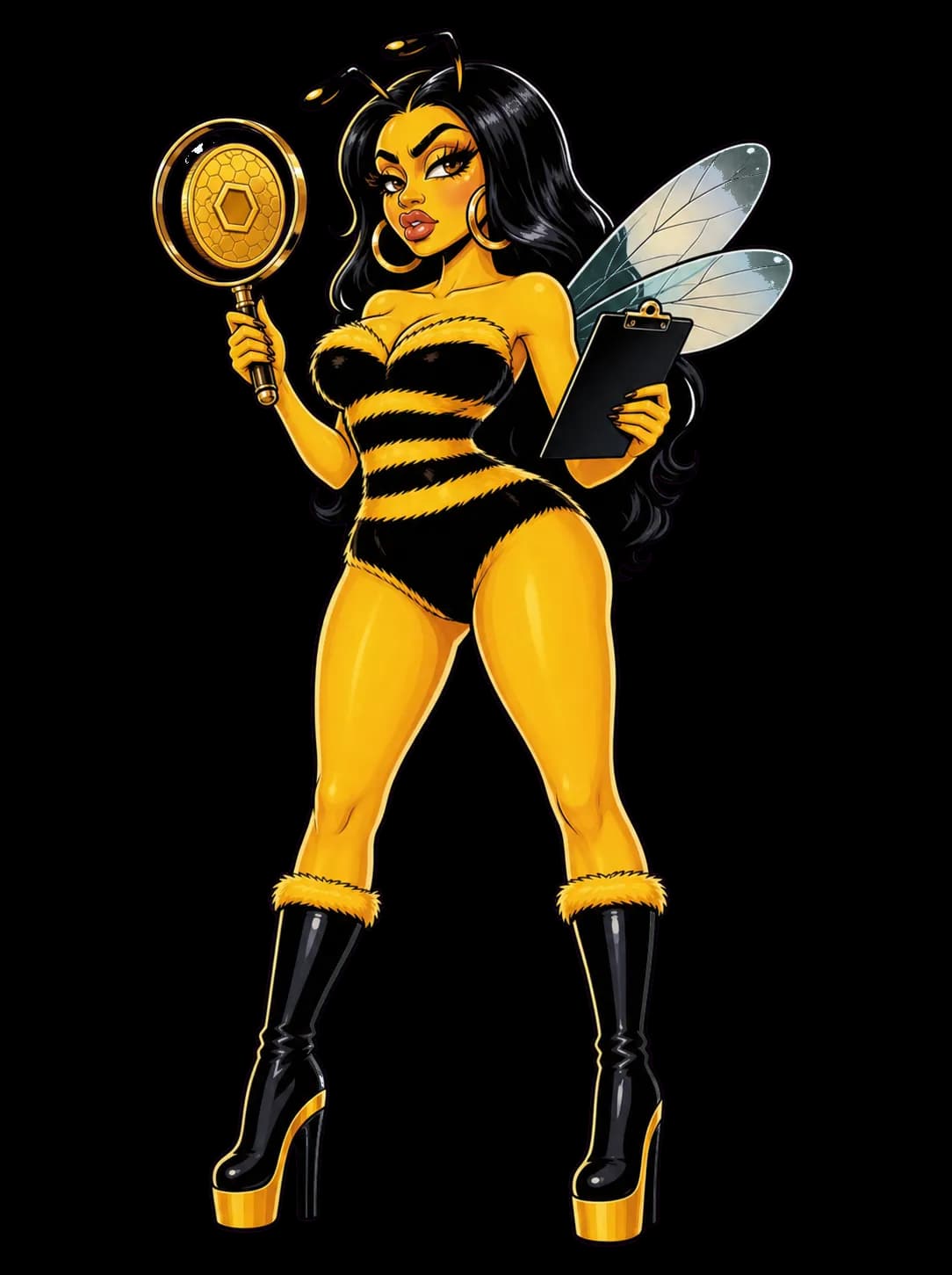 Cardi Bee examines a contract scroll with a magnifying glass and shield