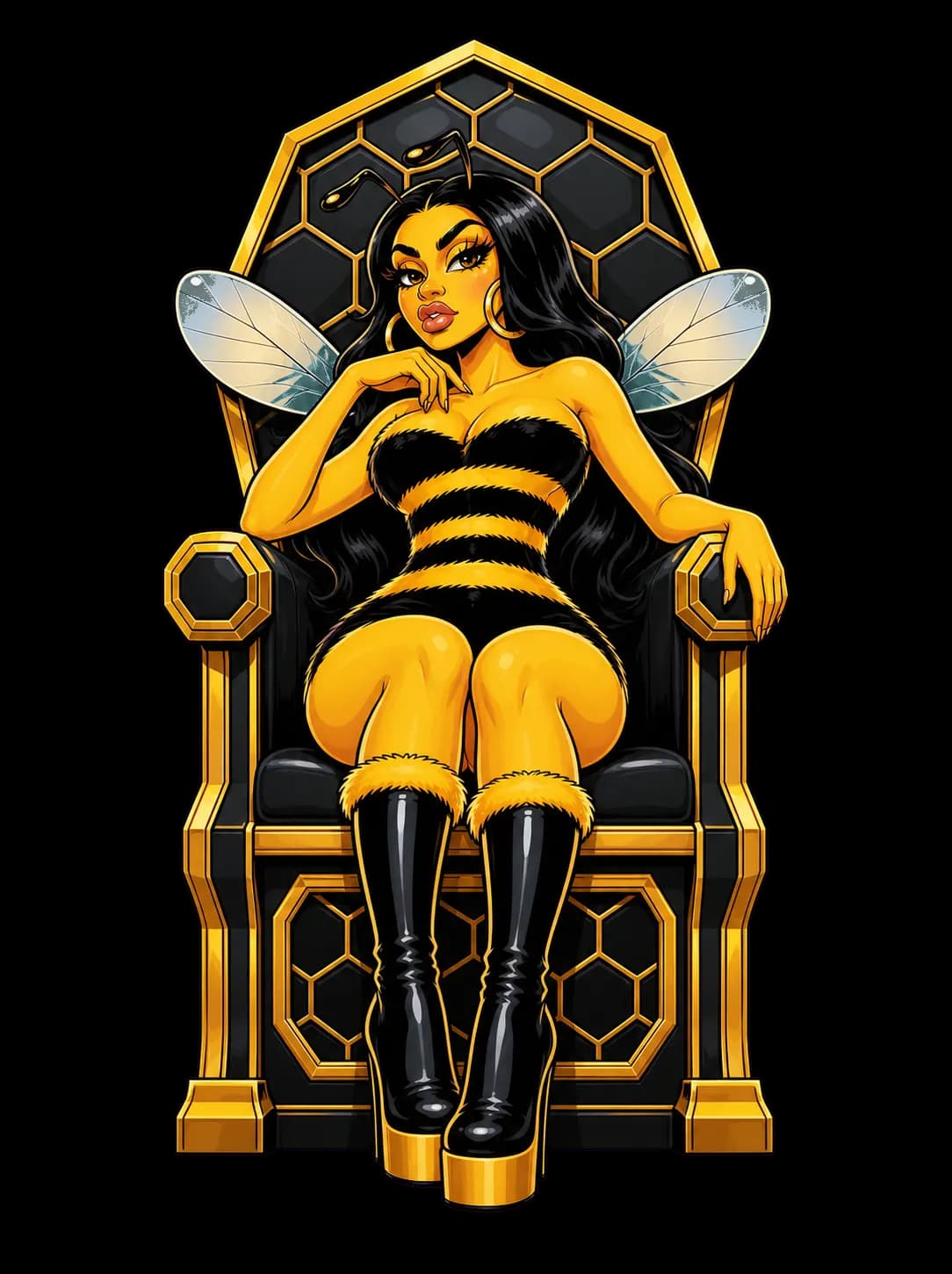 Cardi Bee stands beside a honeycomb throne with cheering worker bees