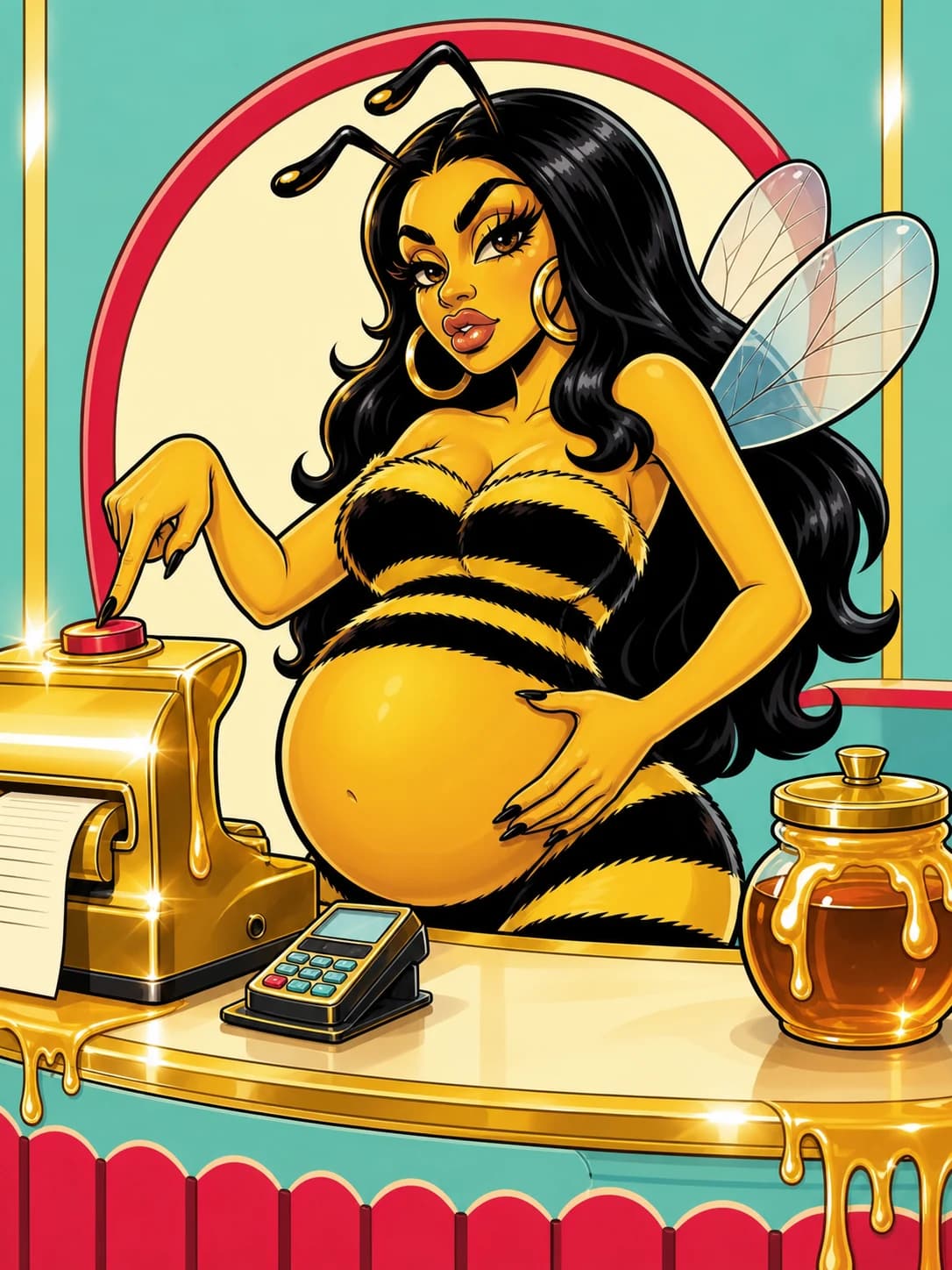 Pregnant Cardi Bee runs a gold honey checkout counter and presses the register button